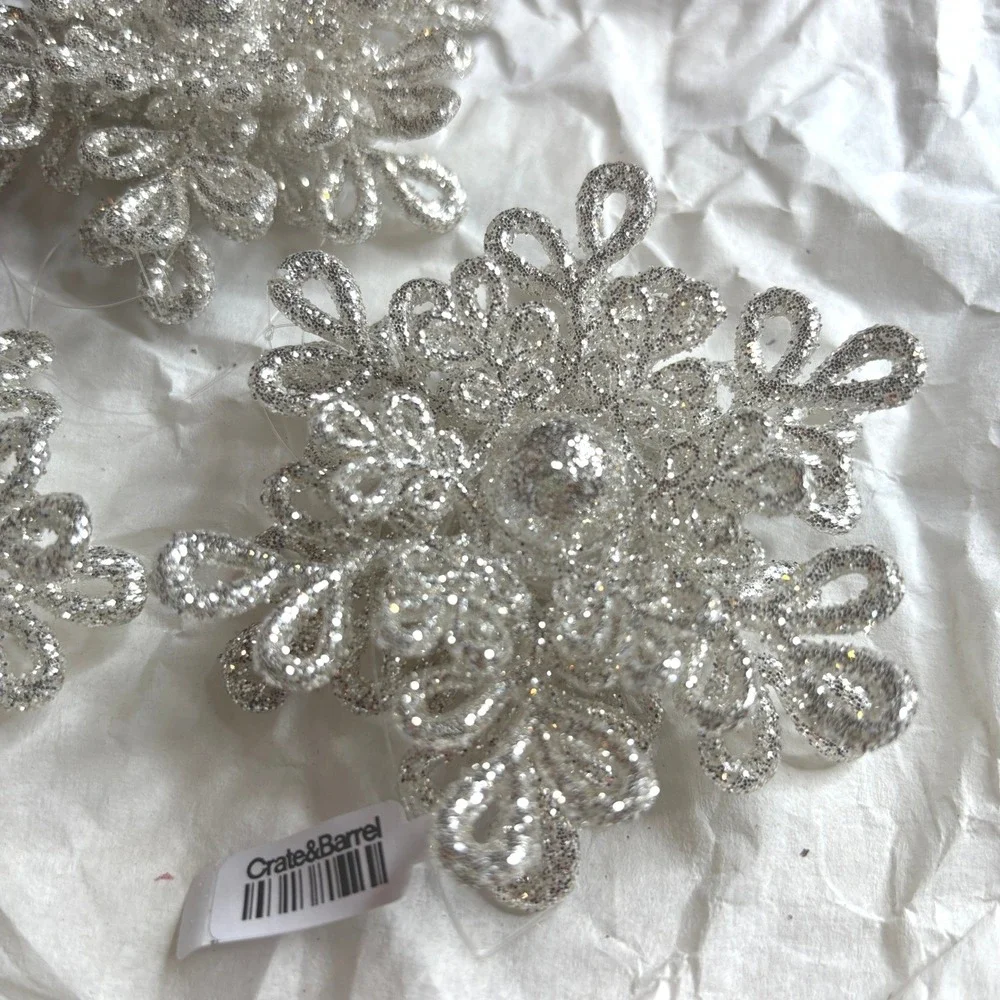 Crate & Barrel Snowflake Ornaments Set of 3 Silver NEW Glitter Dimensional 3in